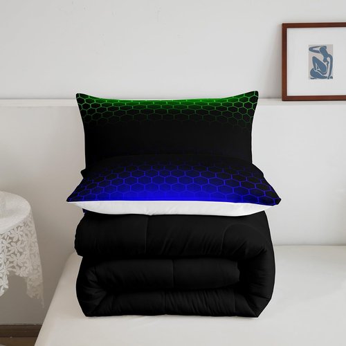 Feelyou Ombre Honeycomb Comforter Set Twin, Green Blue Ombre Hexagon Bedding Set Beehive Hexagon Comforter Kids Toddler Stereoscopic Duvet Set with 1 Pillow Case