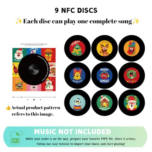 Christmas NFC Music Box with LED Light & 9 Discs, Rechargeable Holiday Decor