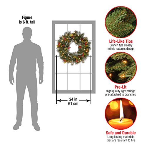 24in Battery-Operated Pre-Lit Wintry Pine Christmas Wreath with Cones & Berries