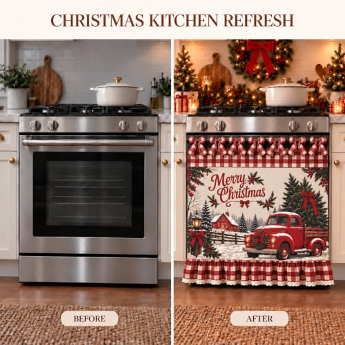Xagahb Red Truck Christmas Oven Skirt Curtain with Tie Top Farmhouse Decor
