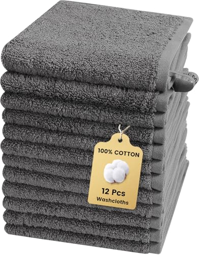 12-Pack Combed Cotton Washcloths with Hanging Loops - Charcoal Gray