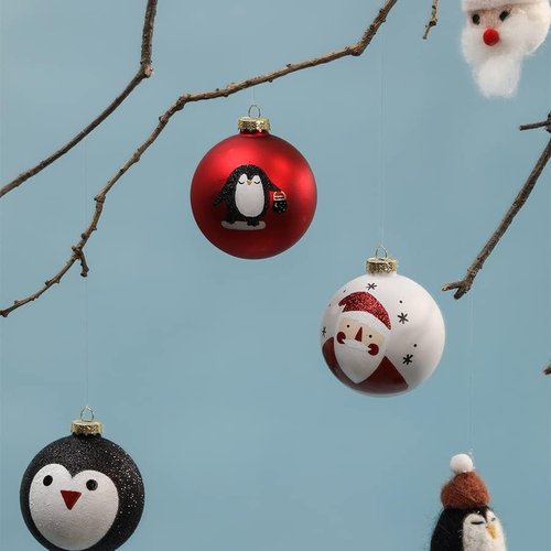 DN DECONATION Black and White Christmas Ornament - Cute Hand-Painted Santa Ball for Tree | Red Glass Xmas Decor
