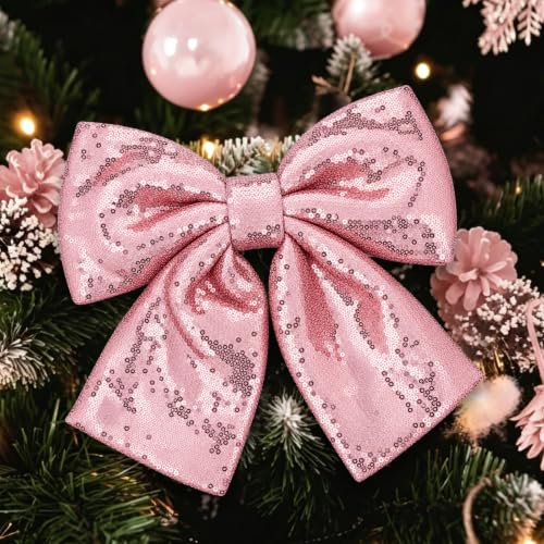 Pink Velvet Christmas Tree Bow Set with Sequin Topper - Holiday Decor