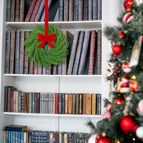Set of 4 Mini Christmas Cabinet Wreaths, 15-Inch Norfolk Pine with Red Bows