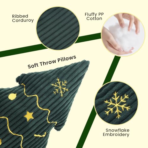 Green Corduroy Embroidered Christmas Tree Pillows Set of 2, 14x16 Inches