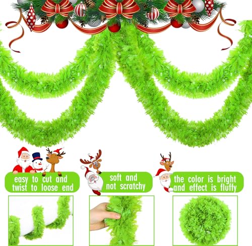 Lime Green Metallic Tinsel Garland - 131 Ft Glitter Twist Decor for Christmas