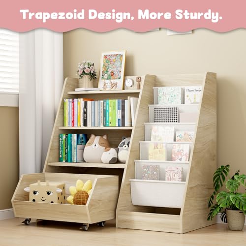 4-Tier Kids Bookshelf and Toy Storage Organizer with Rolling Drawer, Oak