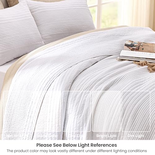 Love's Cabin Queen Cotton Quilt Set - Striped Textured White Coverlet