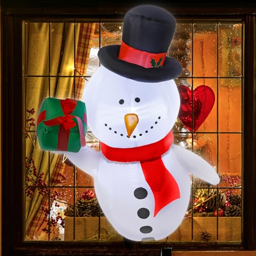 Wettarn 3.5ft Lighted Christmas Inflatable Snowman with Gift Box – Window Decor