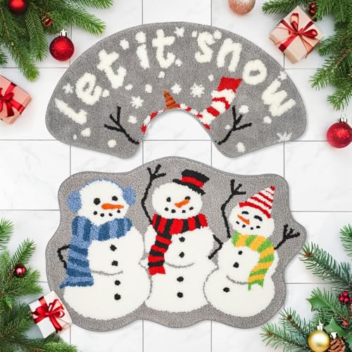 Christmas Snowman Bathroom Rug Set 2 Pack | Winter Holiday Bath Mats 34x18 & 30x20 Inches