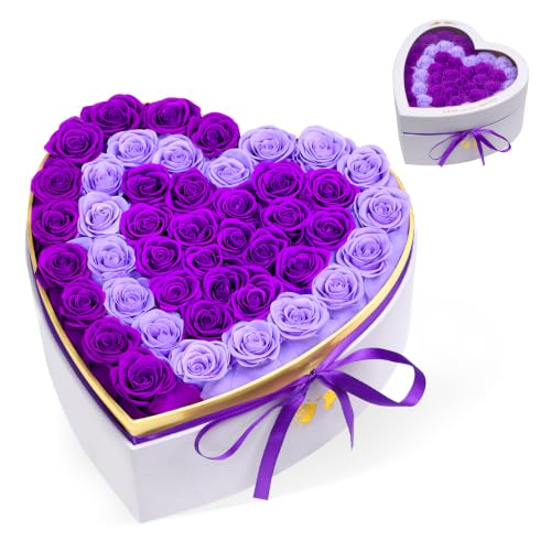 Eluvian Forever Flowers Purple Roses Two Heart-Shaped Box Gift for Women - Anniversary, Valentine's, Wedding