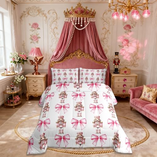 Pink White Twin Bedding Set with Christmas Nutcracker & Bowknot - All Season Girls Bedroom Decor