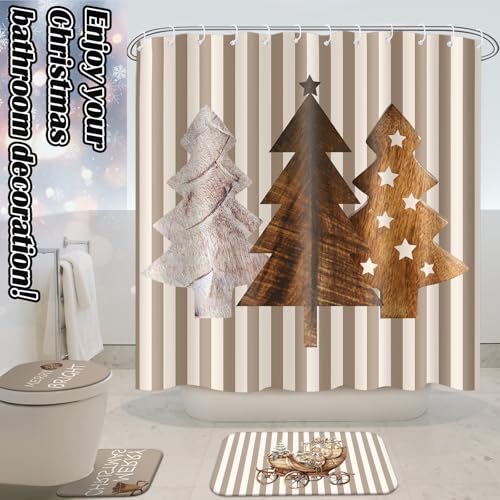 Drydiet 4-Piece Christmas Rustic Bathroom Decor Set with Shower Curtain & Rugs, Brown