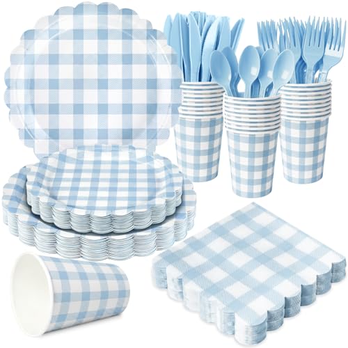 Light Blue Gingham Party Supplies Set for Wedding & Baby Showers - 175 Pieces
