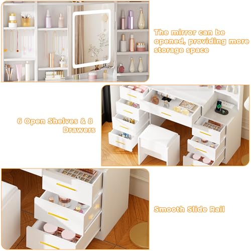 Large Makeup Vanity Desk with Lights, Mirror, Stool and Charging Station