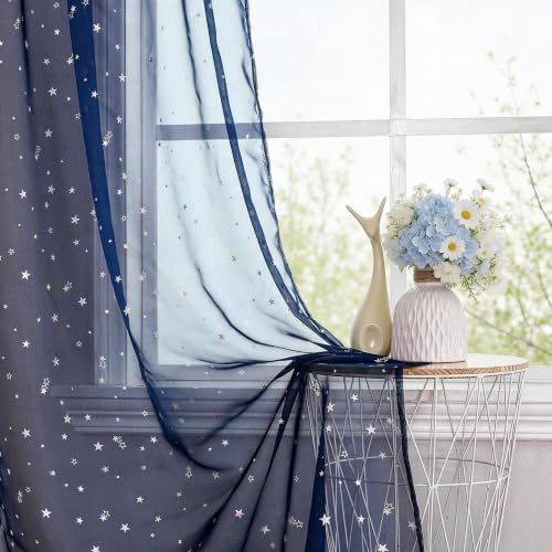Blue & Silver Space Theme Sheer Curtains for Kids Room 39"W x 106"L, Pack of 2