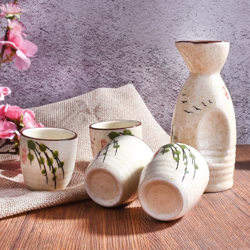 Japanese Ceramic Sake Set of 5 - 150ml Sake Bottle & 45ml Cups for Traditional Serving