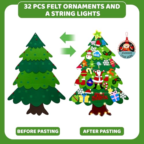 Onekka Felt Christmas Tree with Snowman Advent Calendar & 32 Decorations - 3.2ft DIY Kids Xmas Tree with Lights