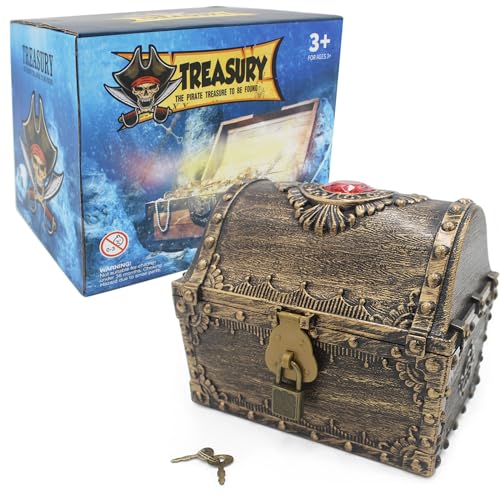 Plastic Treasure Chest for Kids with Lock and Key - Pirate Toy Storage Box
