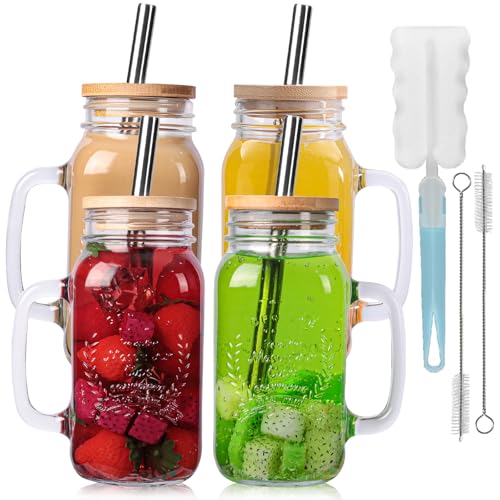 24oz Mason Jar Mugs with Lids and Straws - 4 Pack Glass Drinking Cups
