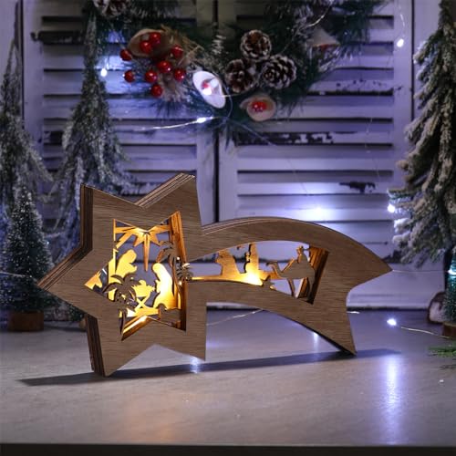 Bucherry Classic Wooden Nativity Scene Christmas Ornament with LED Lights - Tabletop Decor