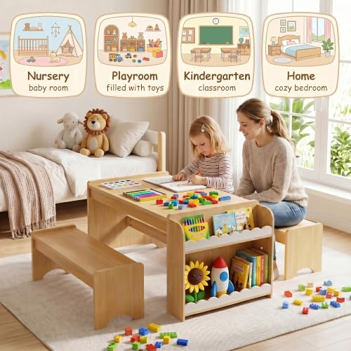 Kids Wooden Activity Table and Bench Set with Storage Shelves