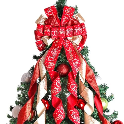 Large Red Christmas Tree Topper Bow - 45x12 Inch Wired Holiday Wreath Bow