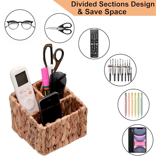 3-Compartment Wicker Remote Control Holder - Hand-Woven Water Hyacinth Desk Organizer