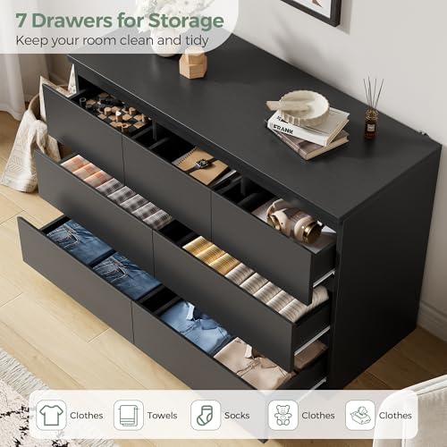 Modern 7-Drawer Wood Dresser - Black Bedroom Chest of Drawers