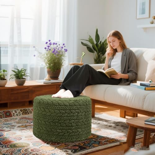 Round Foam Pouf Ottoman Footrest - 20x14 Inch Non-Slip Floor Stool, Green
