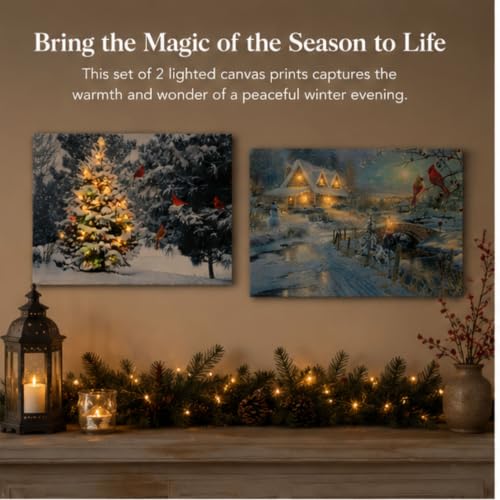 Lighted 2-Piece Christmas Wall Art Set – LED Cottage Village Prints, Snowman & Cardinals