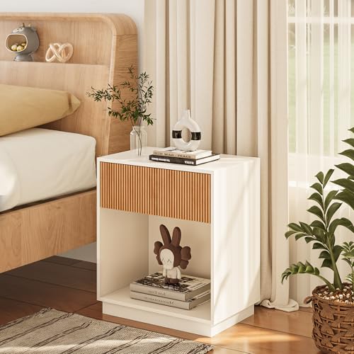 Fluted Nightstands Set of 2, Modern Bedside Table with Drawer and Shelf