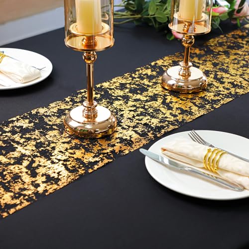 Snowkingdom Black and Gold Glitter Table Runner - 100FT Gold Foil Mesh Decor