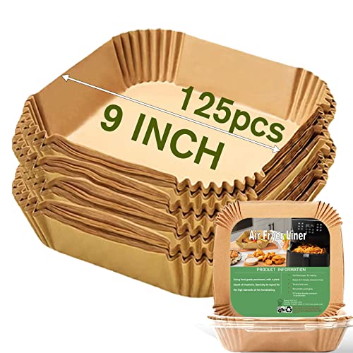Square Air Fryer Disposable Paper Liners 9 Inch (125 Pack) Non-Stick Parchment