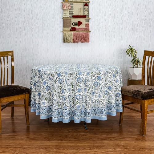 Smalt Blue 90-Inch Round Hand Block Printed Cotton Tablecloth - Floral, Washable, Home Decor
