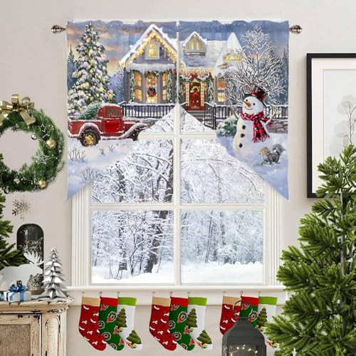 Deblaker Snowscape Christmas Burlap Swag Curtains for Windows, Red Truck & Snowman, 56"Wx36"L, Pack of 2