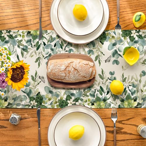 Green Floral Eucalyptus Summer Table Runner 13x72 Inches for Kitchen Dining