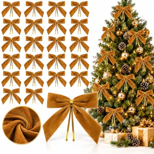 24Pcs Velvet Ribbon Bows 3.5in Gold Tree Topper Set – Doacpcr, Camel