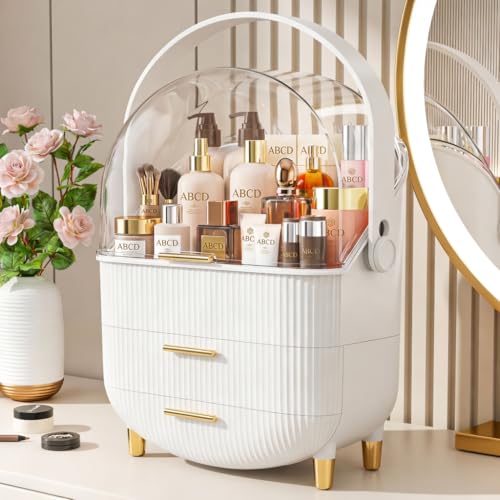 NestOrganix White & Gold Makeup Organizer with Drawers - Cosmetic Storage Case