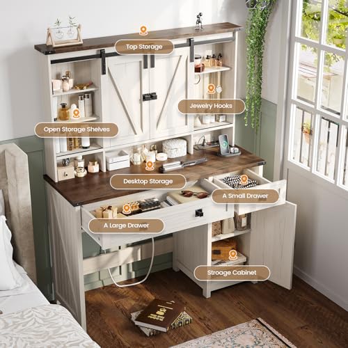 Farmhouse Makeup Vanity Desk with Mirror, Lights, and Charging Station