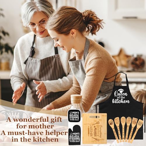Mom Kitchen Gift Set with Cutting Board & Wooden Spoons, Apron, Oven Mitts & Pot Holder