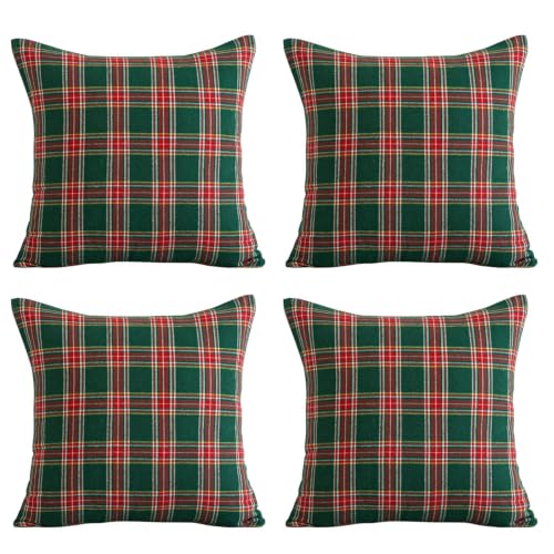 Softalker Christmas Plaid Throw Pillow Covers Set of 4, 18x18 Inch, Green