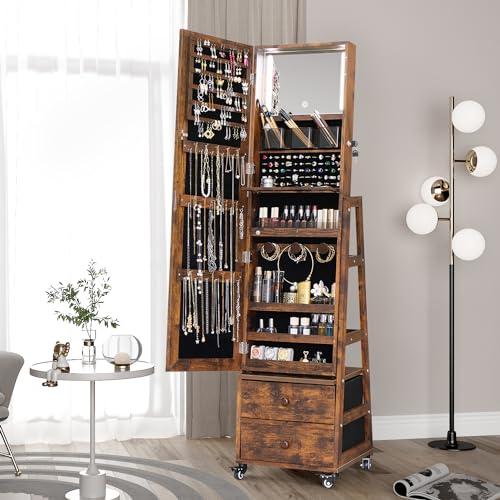 Rustic Brown 4-in-1 Rotating Jewelry Cabinet with Mirror & LED Lights