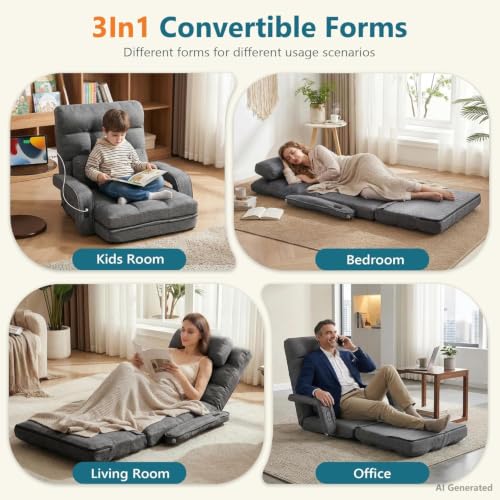 Adjustable Floor Gaming Chair with 2 USB Ports, Linen Foldable Sofa