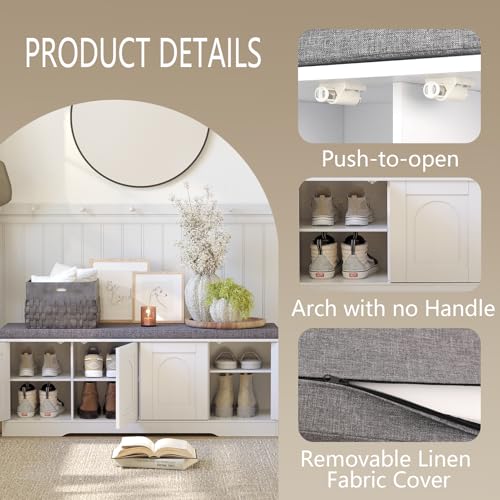47-inch Shoe Storage Bench with Cushion and Door, White Entryway Cabinet