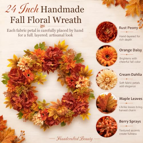 24-Inch Fall Wreath for Front Door with Autumn Flowers and Storage Bag