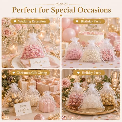 100pcs White Organza Drawstring Gift Bags 5x7 Inch Mesh Pouches