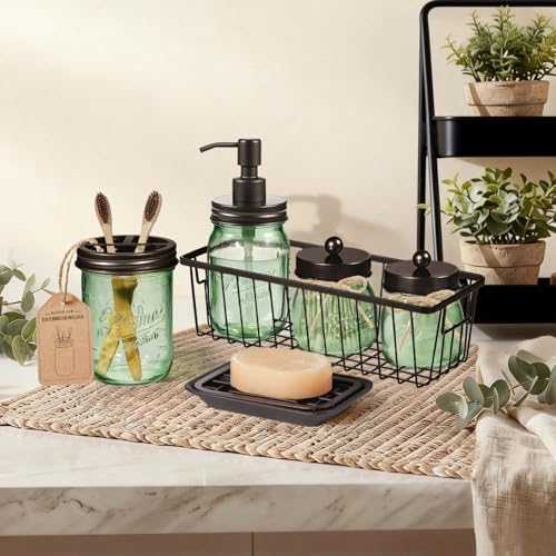 6-Piece Green Glass Mason Jar Bathroom Accessory Set - Rustic Farmhouse Decor