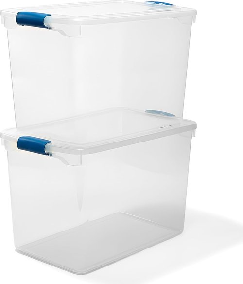 HOMZ Clear Plastic Storage Bins - 2-Pack Latching Lid Organizers, 112 Quart, Blue | Stackable for Home & Office