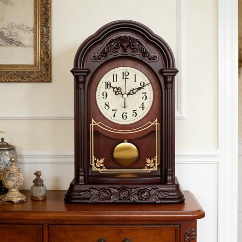 Retro Mantel Clock with Swinging Pendulum, 13-Inch Silent Shelf Clock